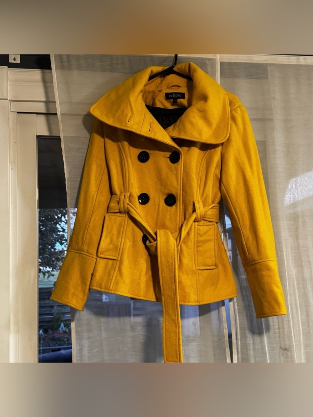 Eclipse Yellow Double-Breasted Belted Pea Coat